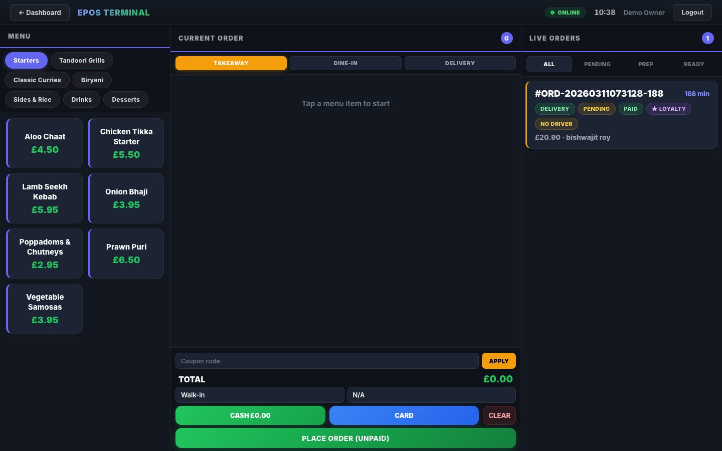 IT Wheel EPOS terminal showing menu, current order and live orders panel