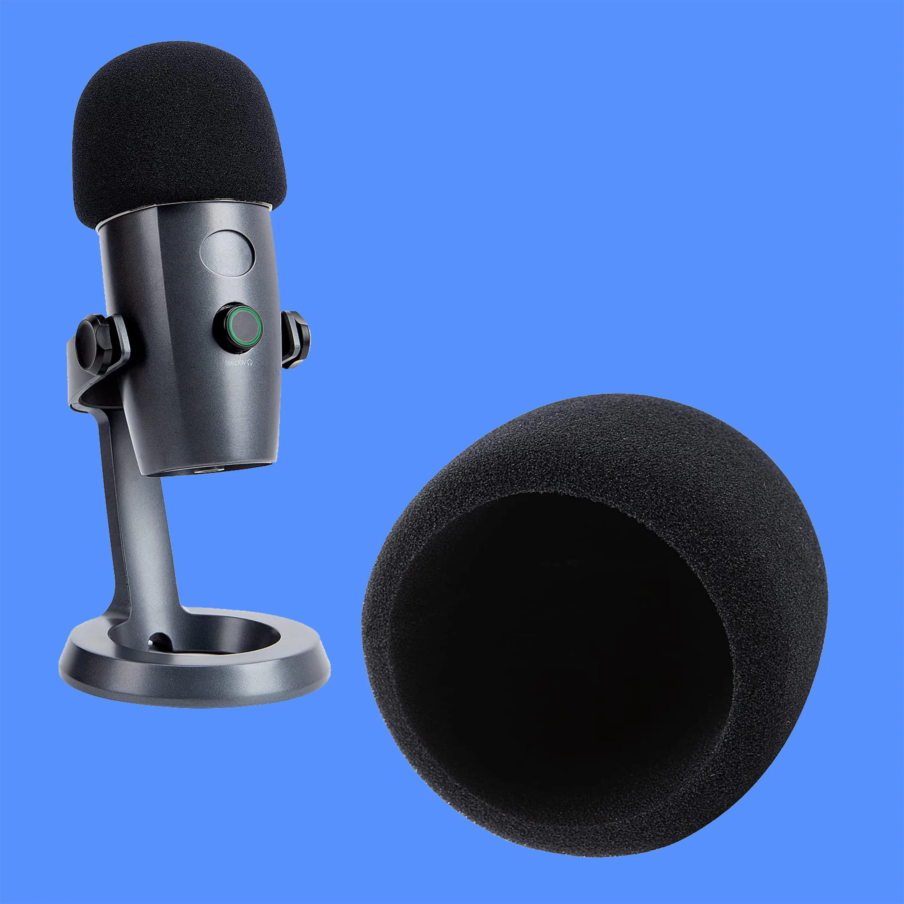 Real Blue Yeti microphone next to a custom-printed foam windscreen cover that fits it