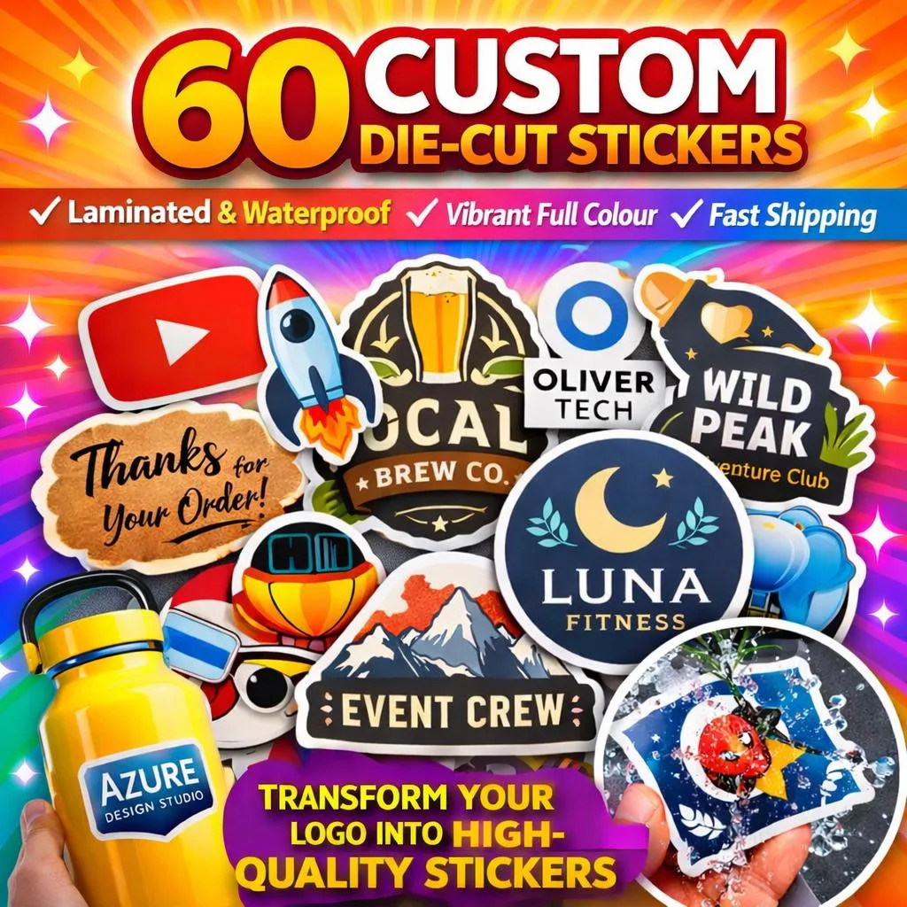 60 Custom Die-Cut Vinyl Stickers – Laminated Waterproof Logo Decals, Fast Dispatch