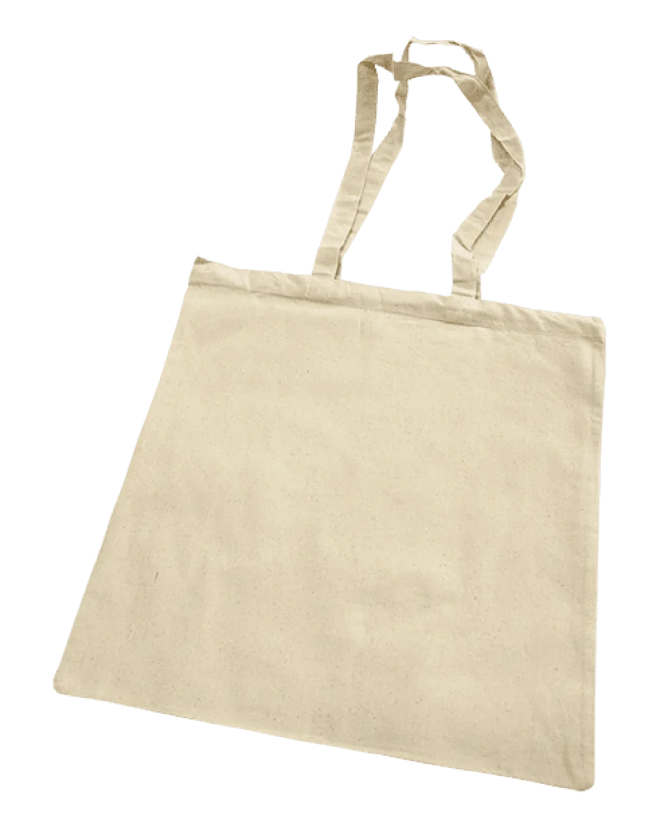 Natural 5oz 100% cotton long-handle tote bag before printing — 37 x 42 cm with 29 x 34 cm print area