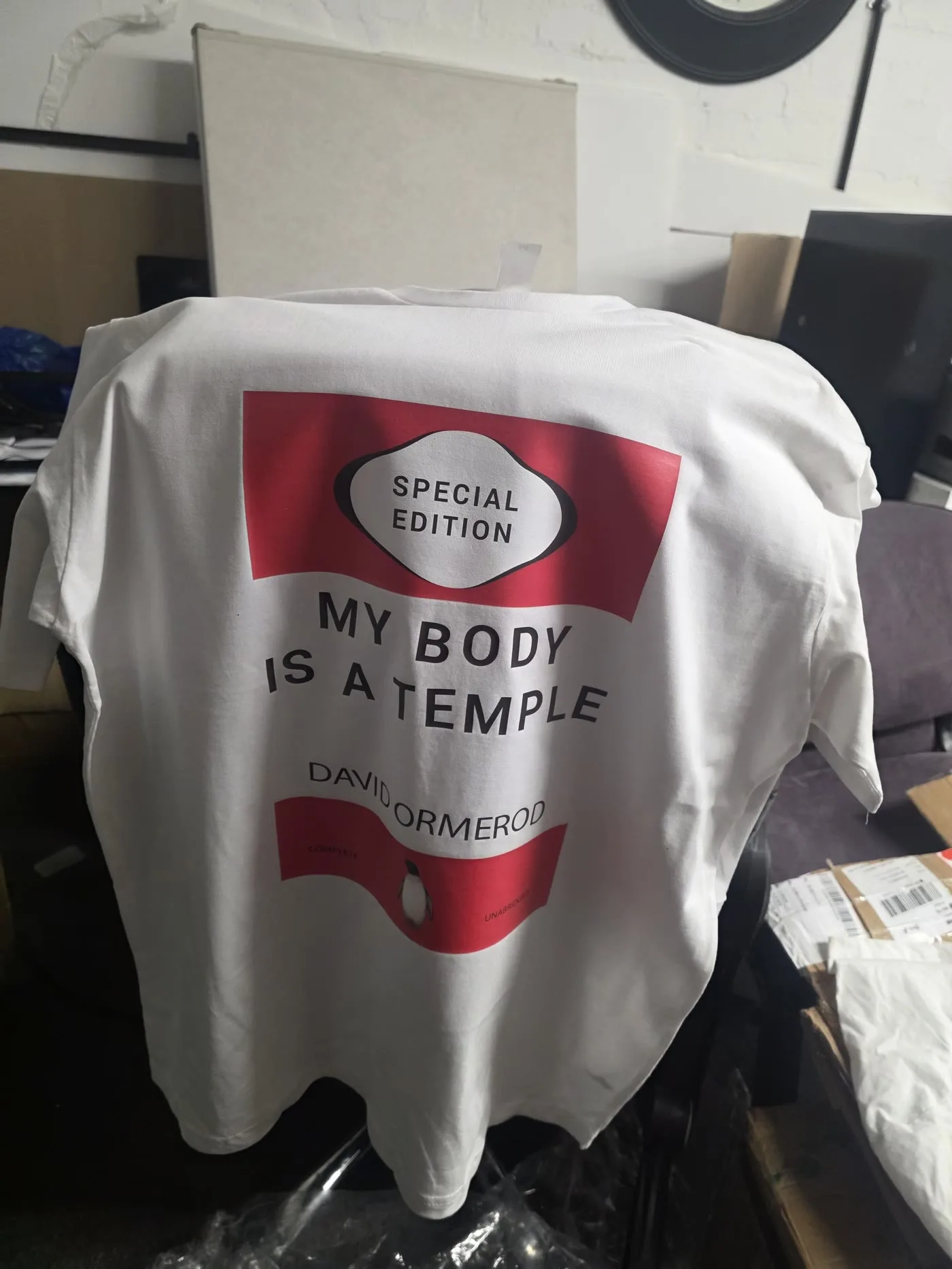 Back print of a custom "My Body Is A Temple" Penguin-style t-shirt printed by IT Wheel London